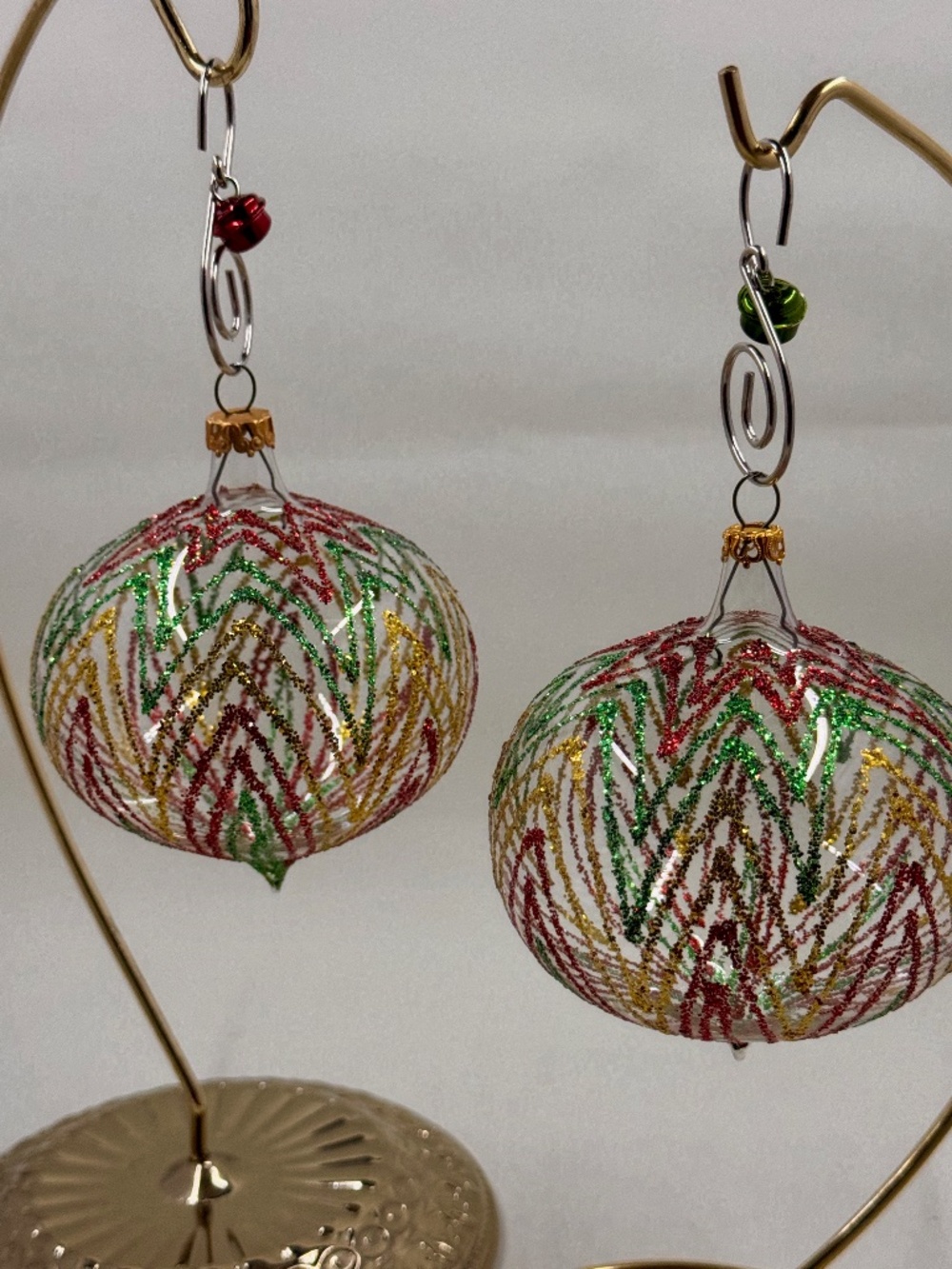 S/2  Blown Glass Teardrop Shaped Italian Christmas Ornament with Chervon Glitter